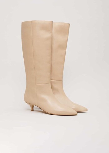 Phase Eight Knee High Kitten Boots Cream Australia | VN5407291